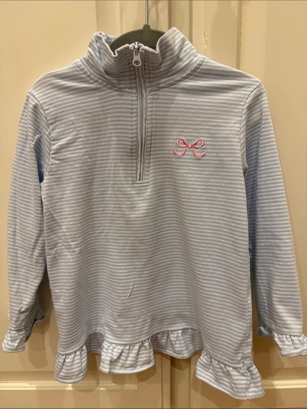 Girls' Light Blue Striped Quarter-Zip Ruffle Pullover with Pink Bow Logo